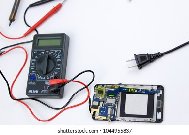 Desktop With Tools. Tester, Multimeter, Screwdrivers, Soldering Iron.