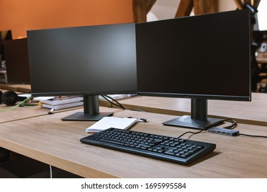 Desktop View Two Computer Screens Keyboard Stock Photo 1695995584 ...