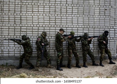 DESNA, UKRAINE, October, 2, 2014: A Group Of The Nationalist Militia Pravi Sector Trains In An Old Military Base At Desna. The Goal Is To Fight Pro Russian Rebels In The East Of The Country.