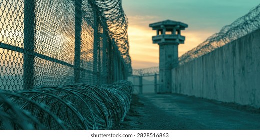 A desolate prison perimeter at dusk, featuring a tall guard tower, a high concrete wall, and a chain-link fence topped with barbed wire.