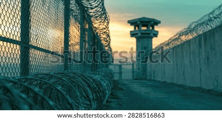 A desolate prison perimeter at dusk, featuring a tall guard tower, a high concrete wall, and a chain-link fence topped with barbed wire.