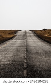 A desolate road extends through a barren, rocky landscape