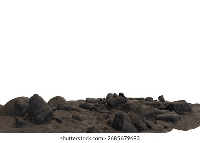 A desolate, rocky ground surface with various sizes of grey and brown stones and coarse dirt. The uneven terrain is set against a stark, empty black background