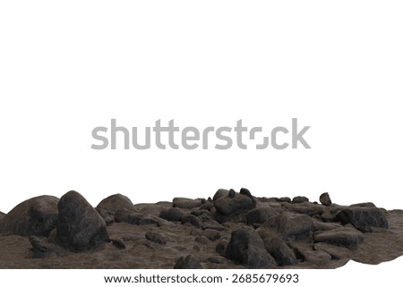 A desolate, rocky ground surface with various sizes of grey and brown stones and coarse dirt. The uneven terrain is set against a stark, empty black background