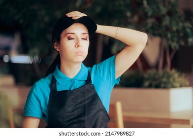 
Desperate Fast-Food Worker Feeling Stressed and Overwhelmed. Tired and unhappy employee felling a worried and anxious
