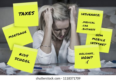 Desperate And Frustrated Blond Caucasian Family Woman Domestic Accounting Worried About Money Paying Taxes Calculating Expenses And Payments Suffering Stress And Financial Problem  