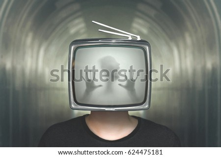 desperate man trapped in a television surreal concept