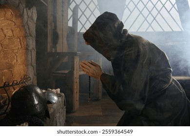 Desperate priest kneeling before church altar in mystical smoke - Powered by Shutterstock