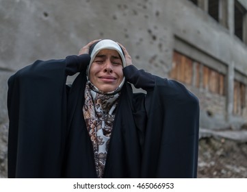 Desperate Syrian Woman In Destroyed City