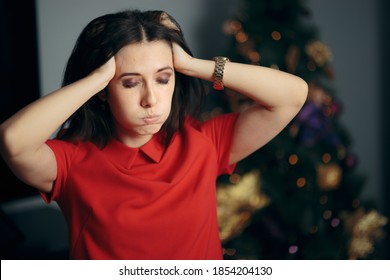 Desperate Woman Feeling Overwhelmed By Christmas Party Preparations. Party Host Having A Headache Organizing Holidays Celebration Event
