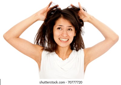 Desperate Woman Having A Bad Hair Day - Isolated Over A White Background