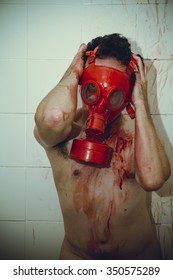 Naked Man Gas Mask Red Blood Foto Stok Shutterstock