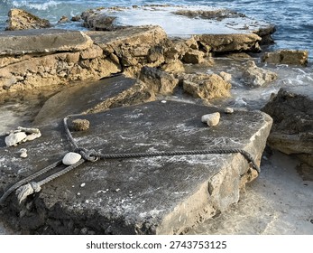 Despite chronic and consistent effort to prevent eroding along Cancun's coastline, the Atlantic Ocean appears to be winning. What was once a flat concrete or cement esplanade along portions of the beach is now a collection of fractured slabs and rubble. The rope is a mystery. Mexico 2026