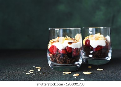 Dessert Black Forest With Cherries In A Glass. Traditional German Dessert.