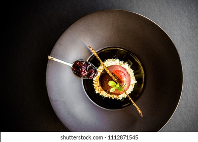 dessert, black, plate, elegant, chocolate, ball, nuts, strawberry, food, fine, gourmet - Shutterstock ID 1112871545
