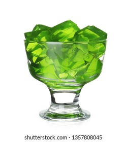Dessert bowl with green jelly on white background