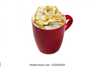 Dessert coffee with a cap of whipped cream and caramel syrup in a red Cup - Powered by Shutterstock