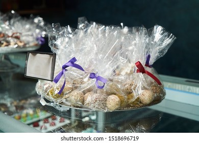 Dessert Display Case With Sweets Candies. Pastry Shop. Variety Of Candy, Close-up