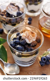 Dessert Made Of Natural Greek Yoghurt, Fresh Blueberries And Honey Sprinkled With Cinnamon, Close Up View