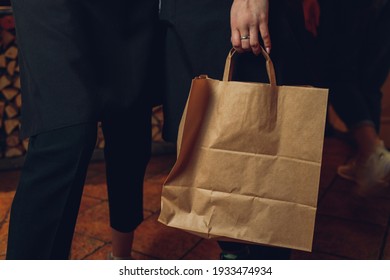 Dessert Paper Bag Waiting For Customer On Counter In Modern Cafe Coffee Shop, Food Delivery, Cafe Restaurant, Takeaway Food.