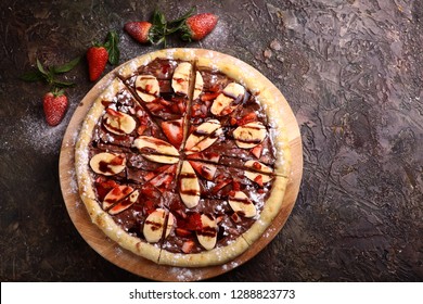 Dessert Pizza With Fruits And Chocoalte 