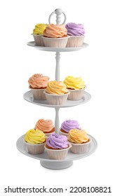 Dessert Stand With Tasty Cupcakes On White Background