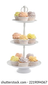 Dessert Stand With Tasty Cupcakes On White Background