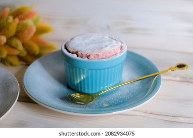 Dessert Strawberry Soufflé In A Blue Bowl.