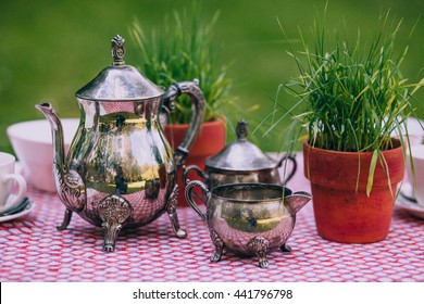 Dessert Table With Tea Decorated For A Kids Outdoor Party