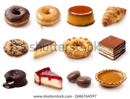 Desserts assorted set, collection isolated on white background. flan, muffin, cookie, tart, cheesecake, chocolate cake, sundae, macarons, pie, donut, croissant. various desserts set collection.