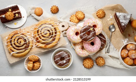 Desserts Assortment On Light Background. Freshly Made Bakery And Treats. Flat Lay, Top View