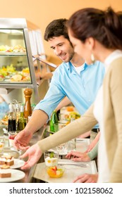 Desserts At Cafeteria People With Serving Tray Self Service Canteen