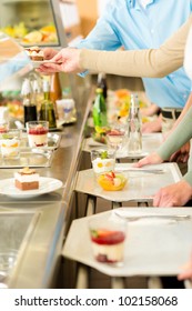 Desserts At Cafeteria People With Serving Tray Self Service Canteen