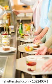 Desserts At Cafeteria People With Serving Tray Self Service Canteen