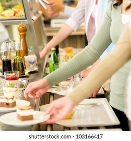 Desserts At Cafeteria People With Serving Tray Self Service Canteen