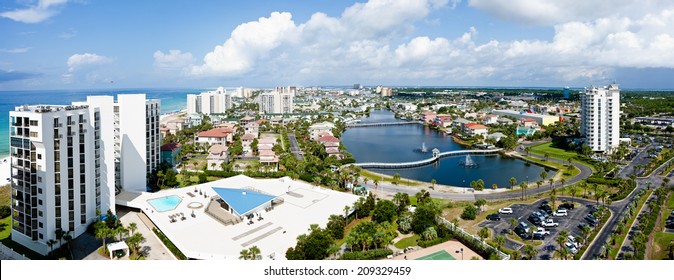 Destin, FL, USA - July 24 2014: Panorama of touristic Destin on the Emerald coast of Florida, known as the redneck riviera.