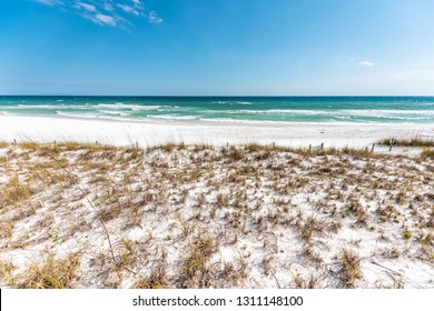 Destin, USA Miramar Beach City Town Village Day In Florida Panhandle Gulf Of Mexico Ocean Water Sand Dunes Plants Sea Oats