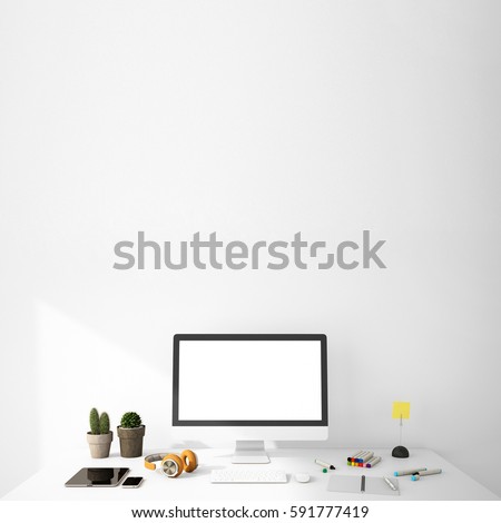 Destop computer screen on white desk,working space,working background ,interior of woking room,work from home
