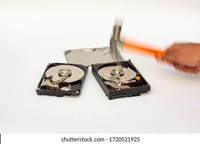 Destroy hard disk platter with hammer, security concept, motion blur effect.
