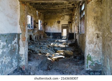 Destroyed and abandoned military barracks. Background with selective focus and copy space for text