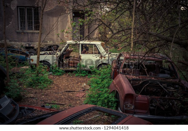 Destroyed and\
abanoded car in an abandoned\
place