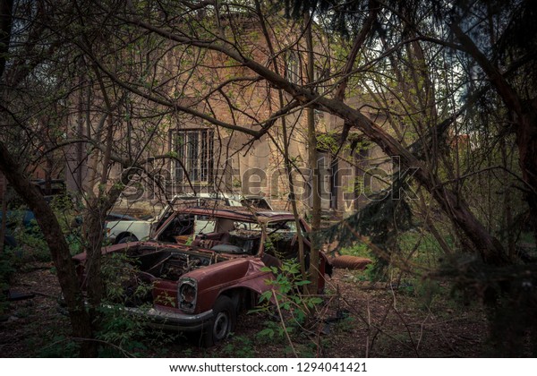 Destroyed and\
abanoded car in an abandoned\
place