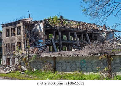 Destroyed Brick Building Of Production Hall After Aerial Bombardment By Russian Cruise Missile 