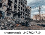 destroyed and burned houses in the city during the war in Ukraine