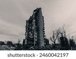 destroyed and burned houses in the city during the war in Ukraine