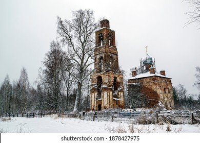 destroyed Church in the cemetery in winter, Voznesenskaya Church, Bychikha village, Kostroma region, Russia