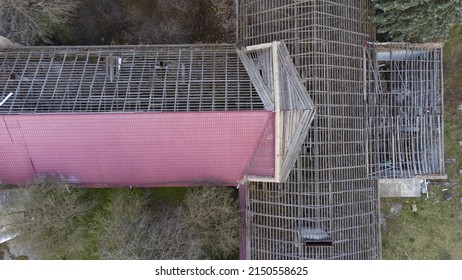 Destroyed Due To Old Age Holiday Home In The Park. Shooting From A Quadcopter. View From Above. Drone Video Footage.
