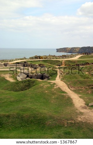 Destroyed German bunker complex at Pointe Du Hoc - attacked by Allied forces during the invasion of Normandy on D-Day during WW2.