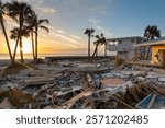 Destroyed houses on ocean coast. Hurricane Milton consequences in Englewood, Florida. Storm surge severe damage