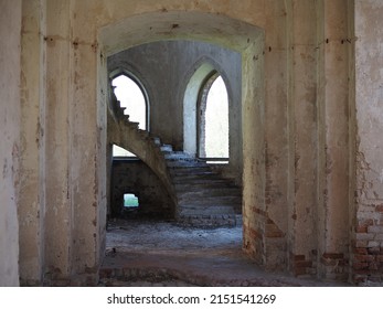 Destroyed Lutheran Church Of 19th Century Against Blue Sky In Former Canton Of Schaefer In Saratov Region. Outdoor.